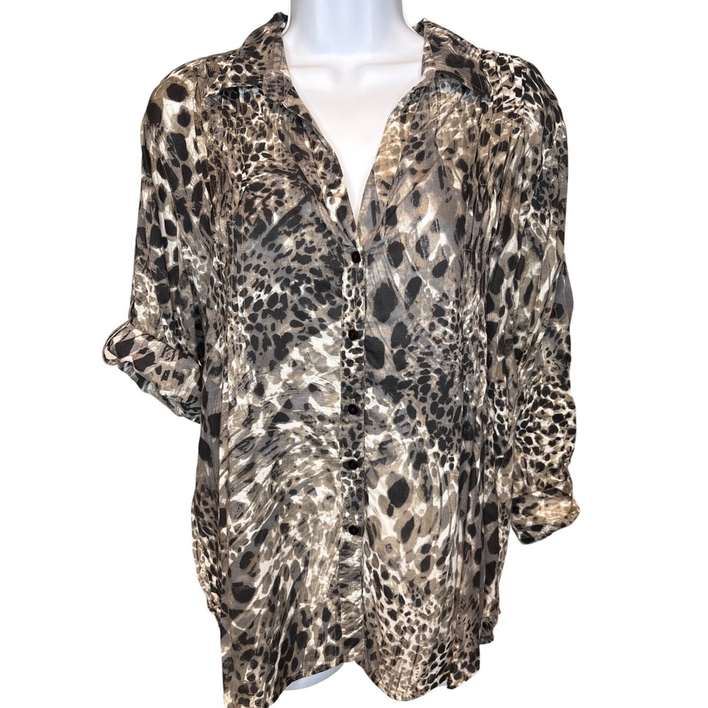Vintage Gloria Vanderbilt Womens Leopard Print Button Up Blouse Sz M Flowy Retro
